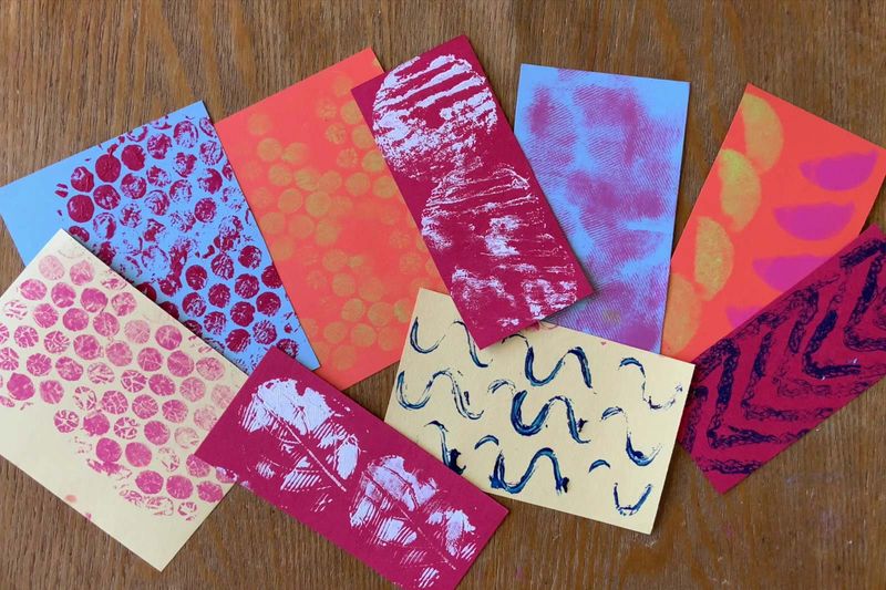 Collection of different colored pieces of paper with different stamped designs