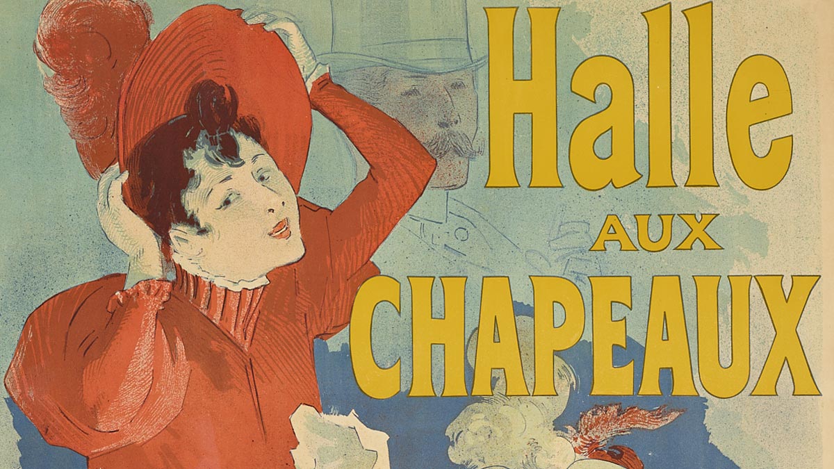 Poster detail of a woman in a red dress holding a red hat on her head