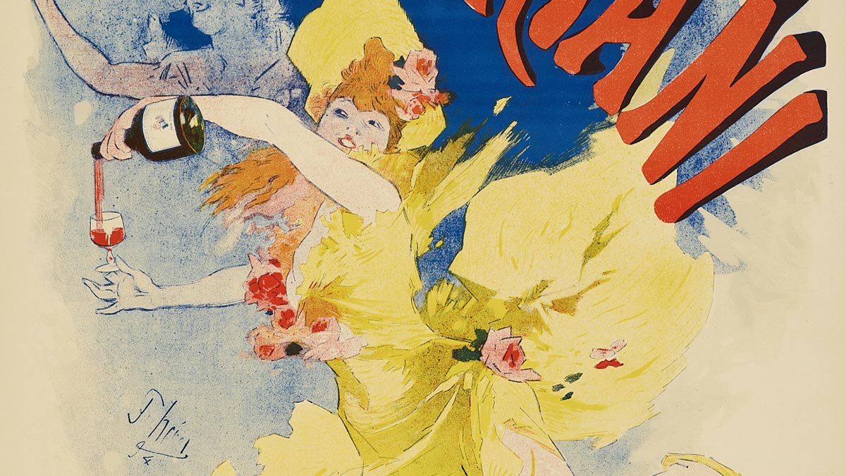 Poster of a woman in a yellow dress pouring a glass of red wine