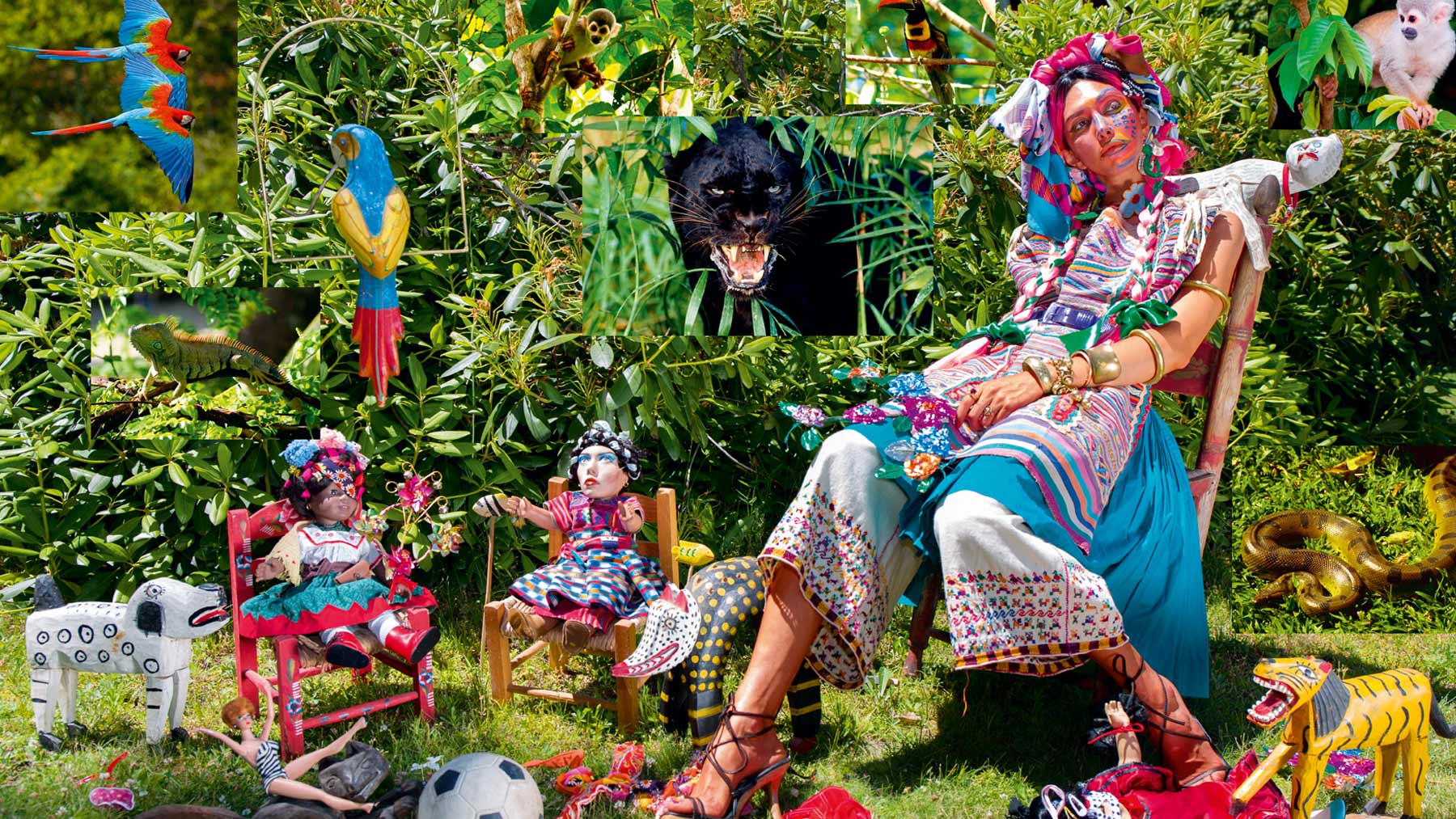 Woman in a chair surrounded by plants and dolls