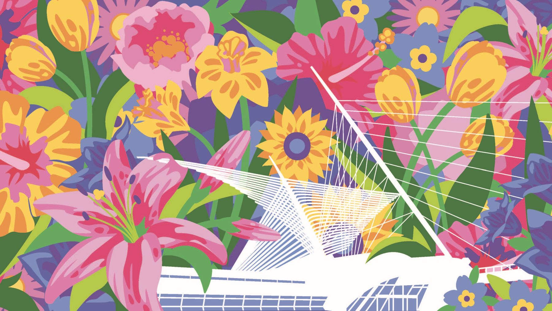 Illustration of the Milwaukee Art Museum in a field of flowers