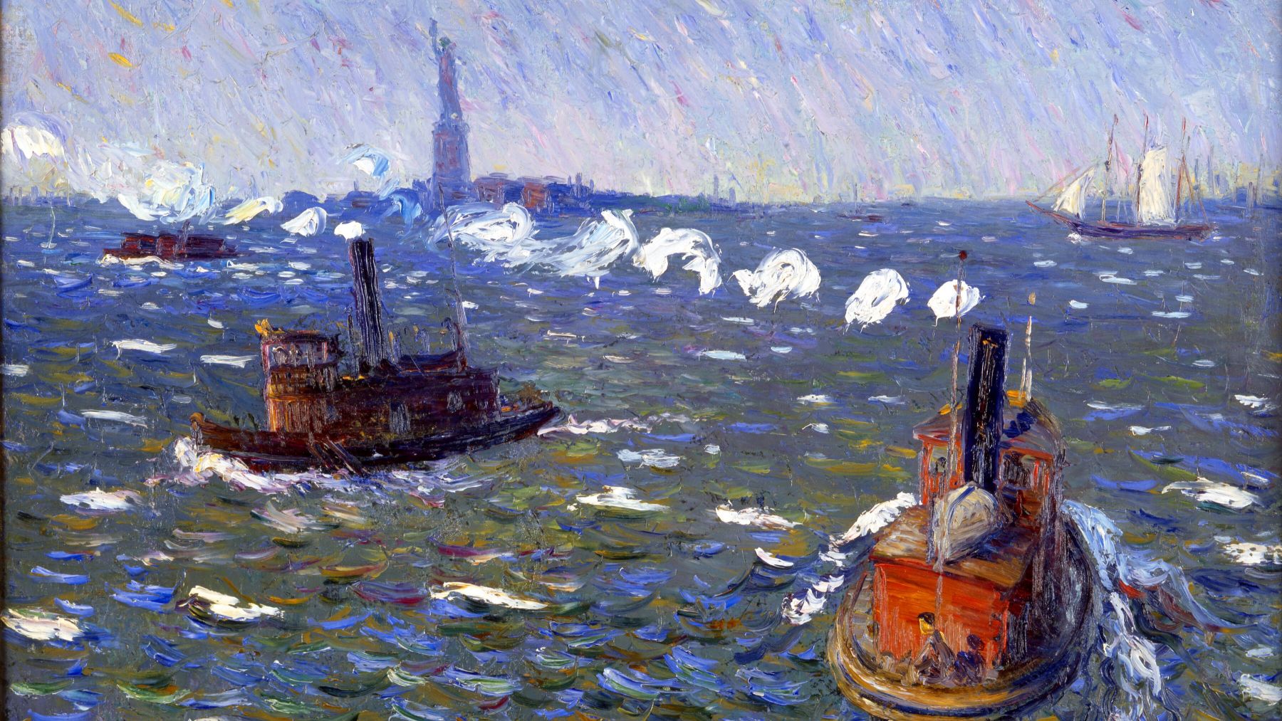 Painting of Tugboats in New York Harbor with Statue of Liberty in Background