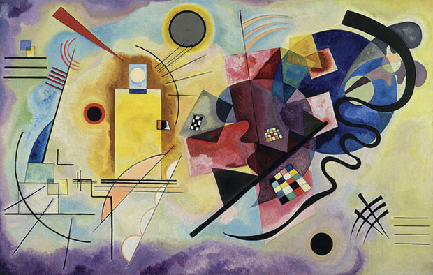 Wassily Kandinsky (Russian, 1866–1944) <cite>Yellow-Red-Blue (Gelb-Rot-Blau)</cite>, 1925 Oil on canvas 50 3/8 × 79 5/16 in.Centre Georges Pompidou, Musée national d’art moderne, Paris Gift of Mrs. Nina Kandinsky in 1976AM 1976–856© Centre Pompidou, MNAM-CCI/ Philippe Migeat / Dist.RMN-GP© 2014 Artists Rights Society (ARS), New York / ADAGP, Paris