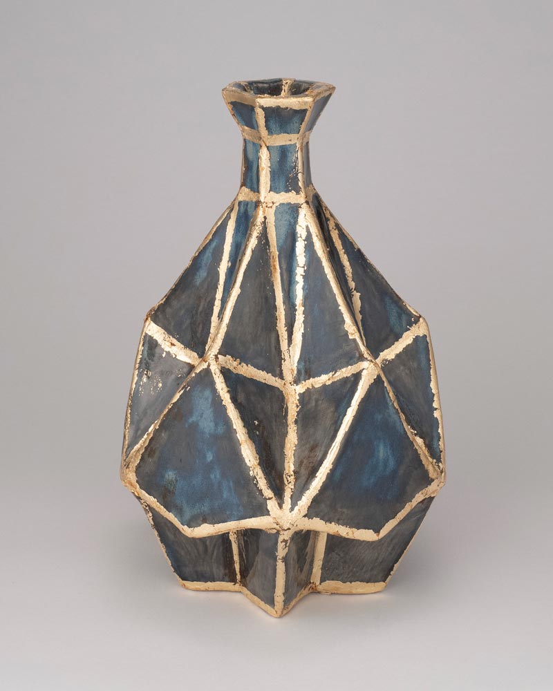 Blue and gold diamond-patterned, teardrop-shaped vase