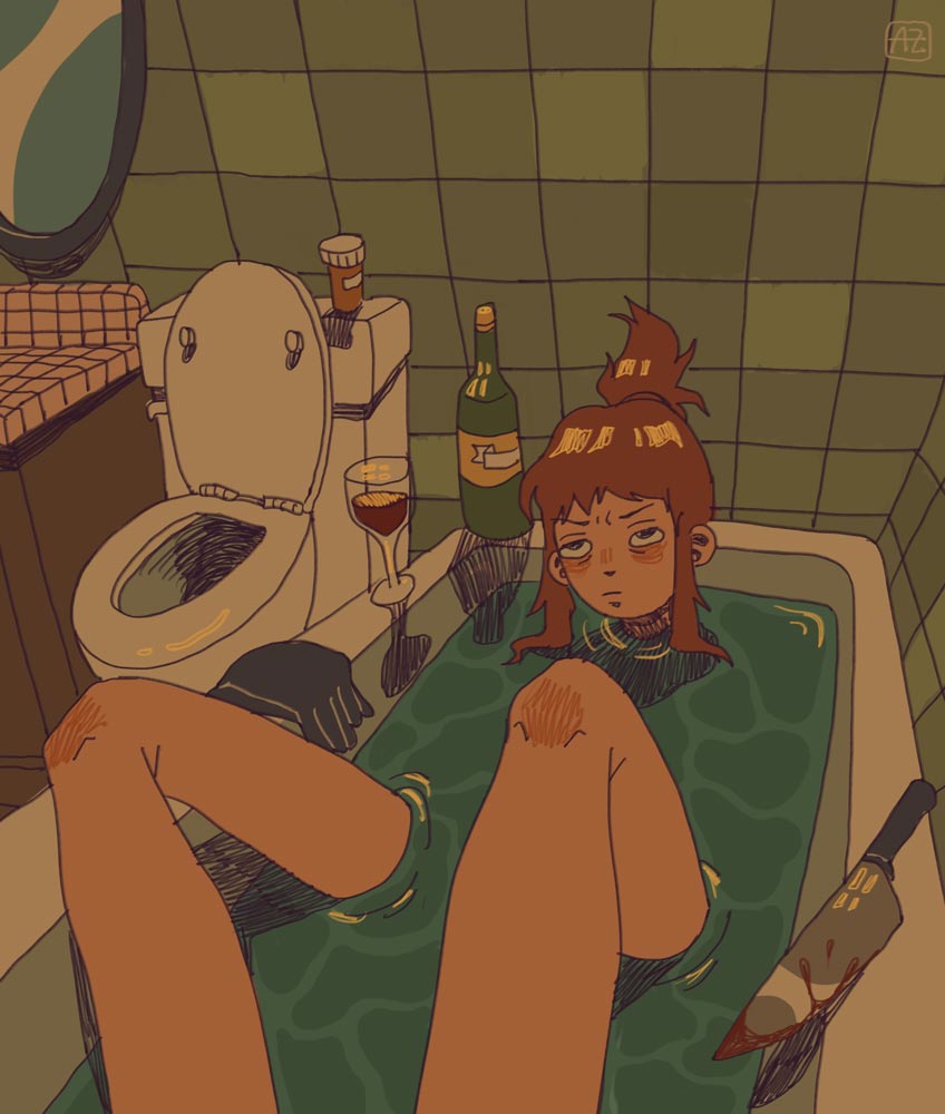 Fully-clothed young woman in a full bathtub with a glass of wine, pill bottle, and a bloody knife