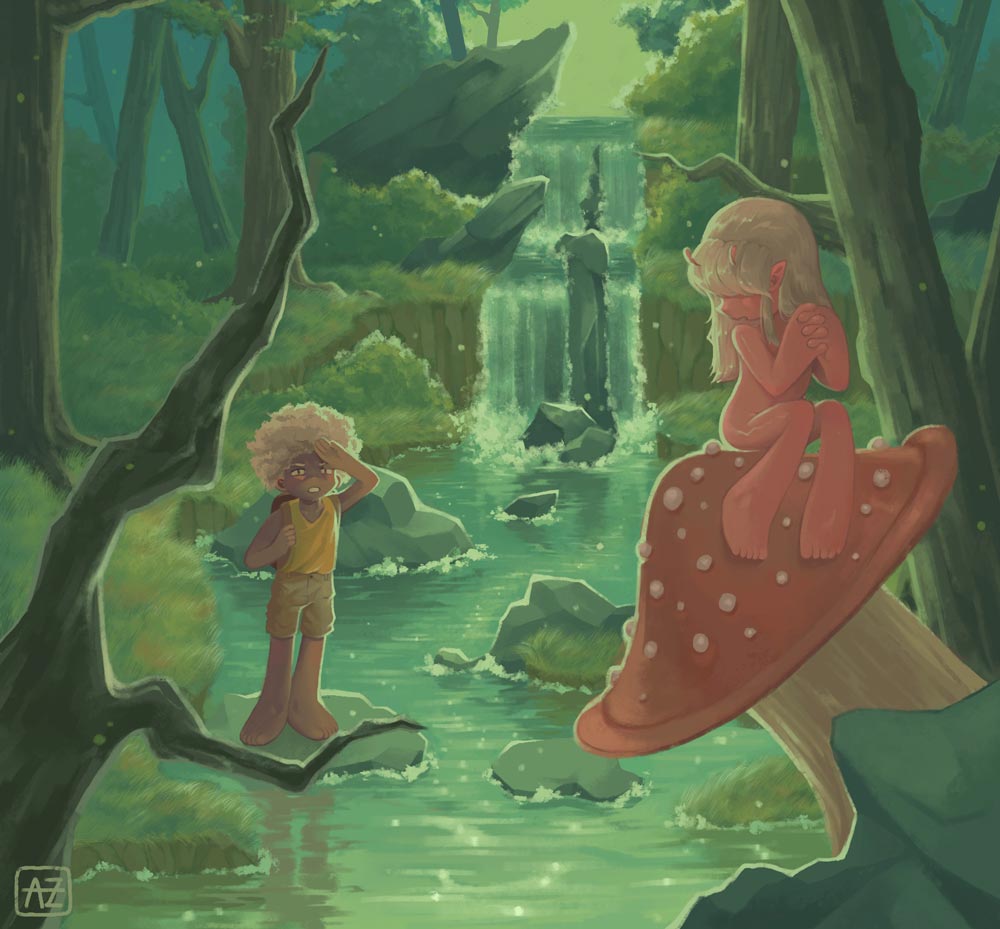 Small child in a forest standing on a rock and looking at a small fairy-like child on a mushroom