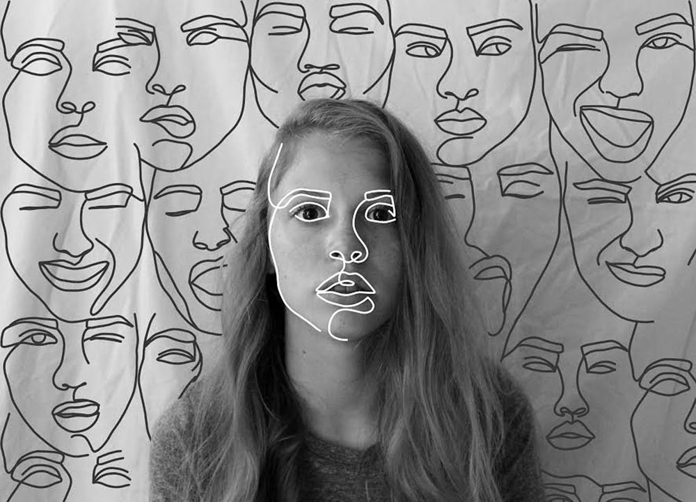 Black and white photo of a girl with a white outline of her face tiled in the background with multiple expressions