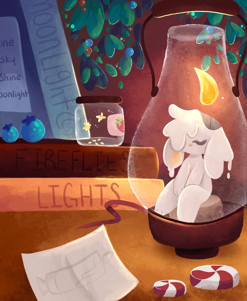 Bunny melting inside a lantern next to a pile of books and a jar of fireflies