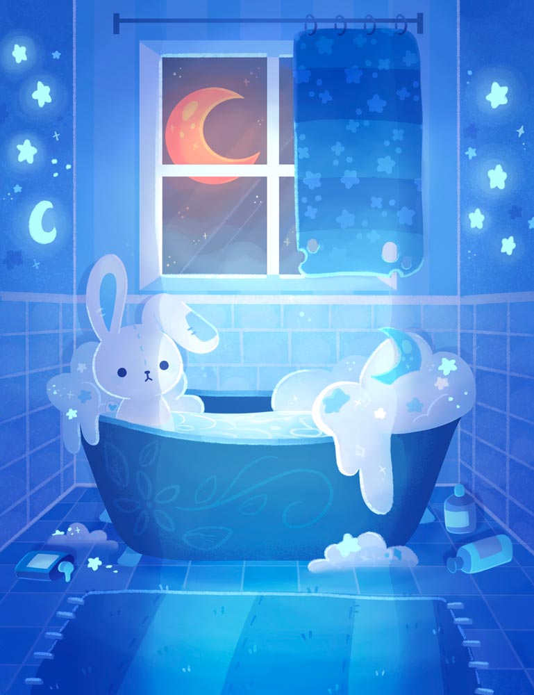 Bunny taking a bubblebath with the moon glowing blue through the window