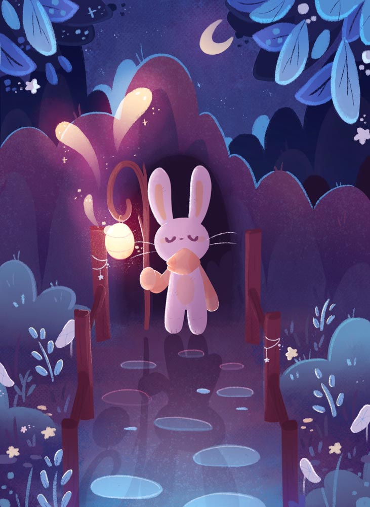 Bunny walking down a pebbled walkway lined with bushes and flowers in the moonlight and holding a staff-like lantern