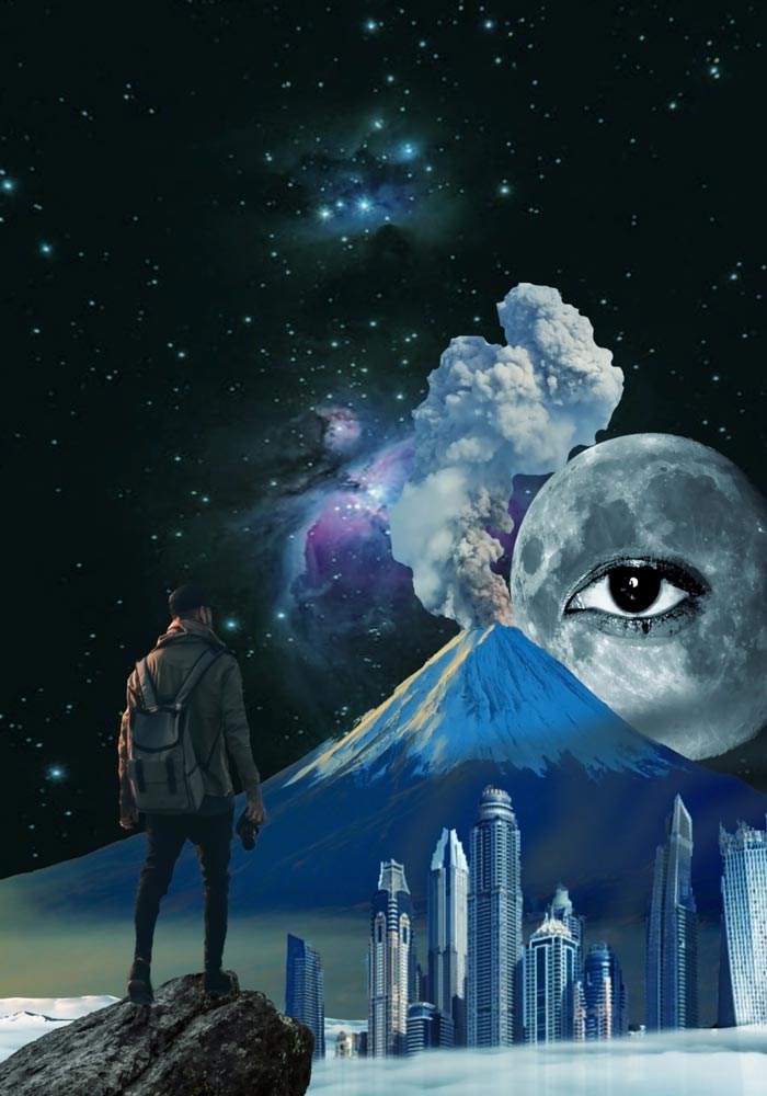 Guy with a backpack standing on a rock looking at a city skyline with a volcano behind it and the moon with an eye in the middle looking back