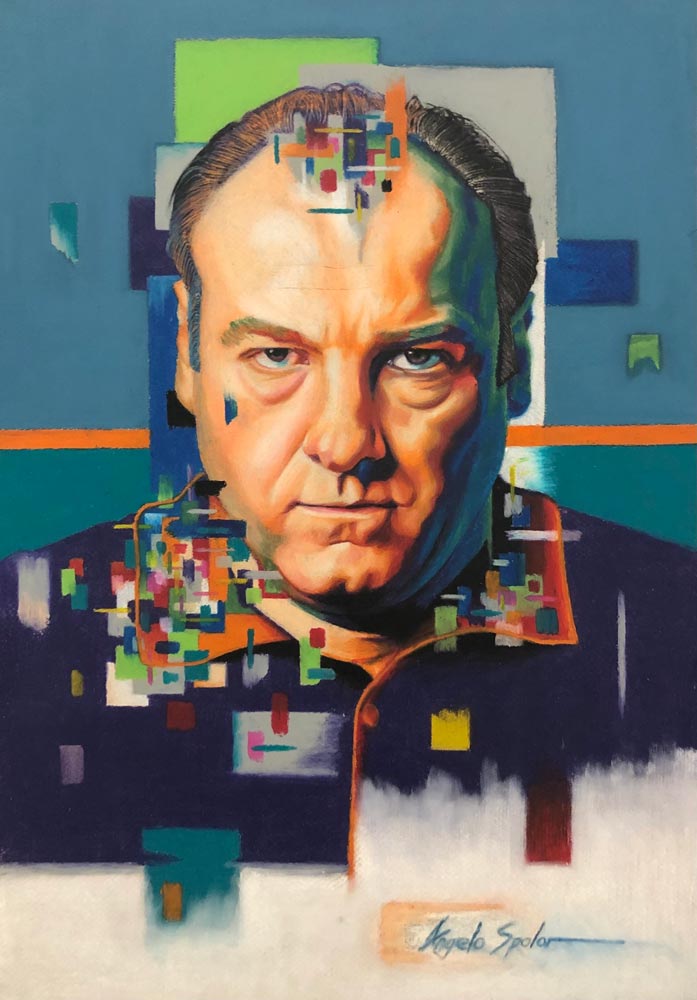 Bright-colored illustration of a man with a serious expression; image is of TV character Tony Soprano