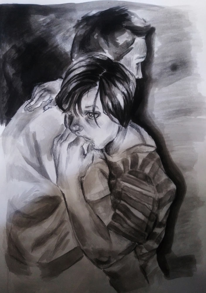 Black and white sketch of a father hugging his sad child
