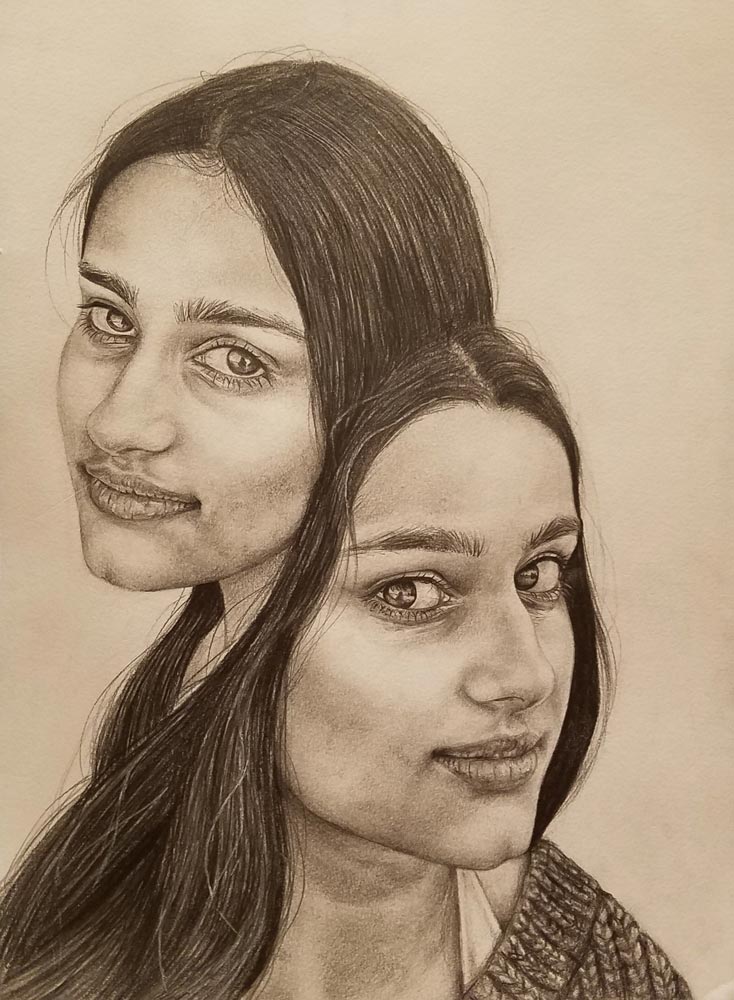 Two portraits of a young woman connected together