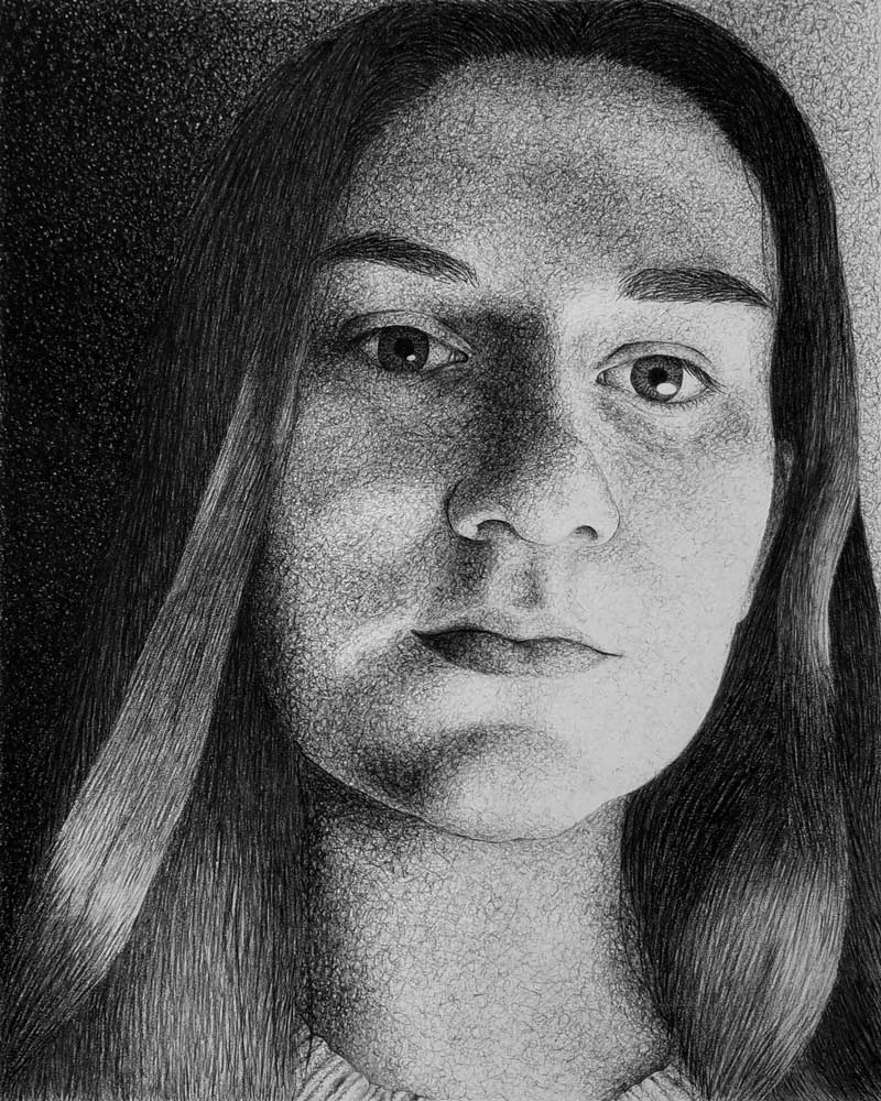 Black and white sketch of a young woman with long hair