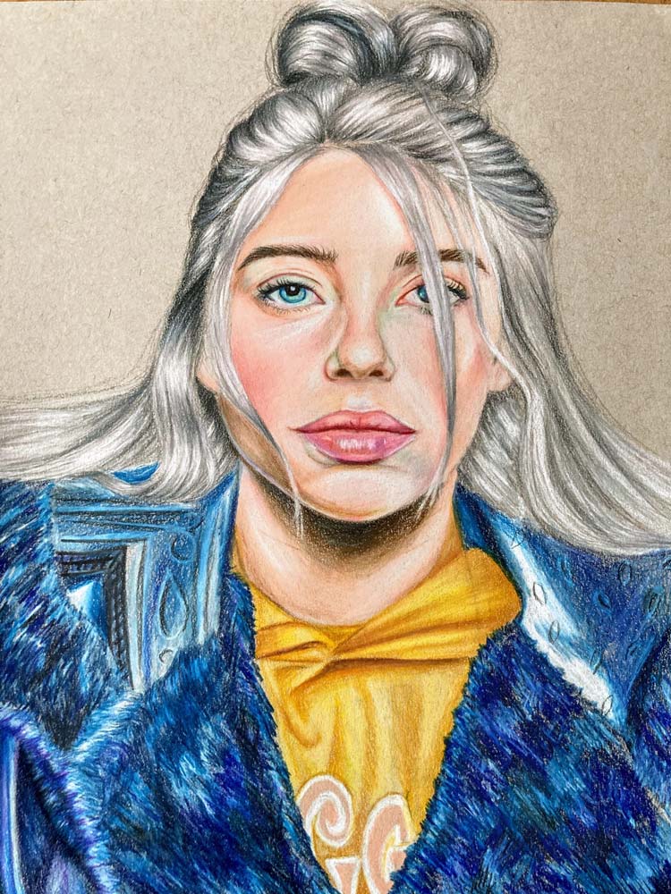 Color sketch of a woman in a blue and yellow top; woman is singer Billie Eilish