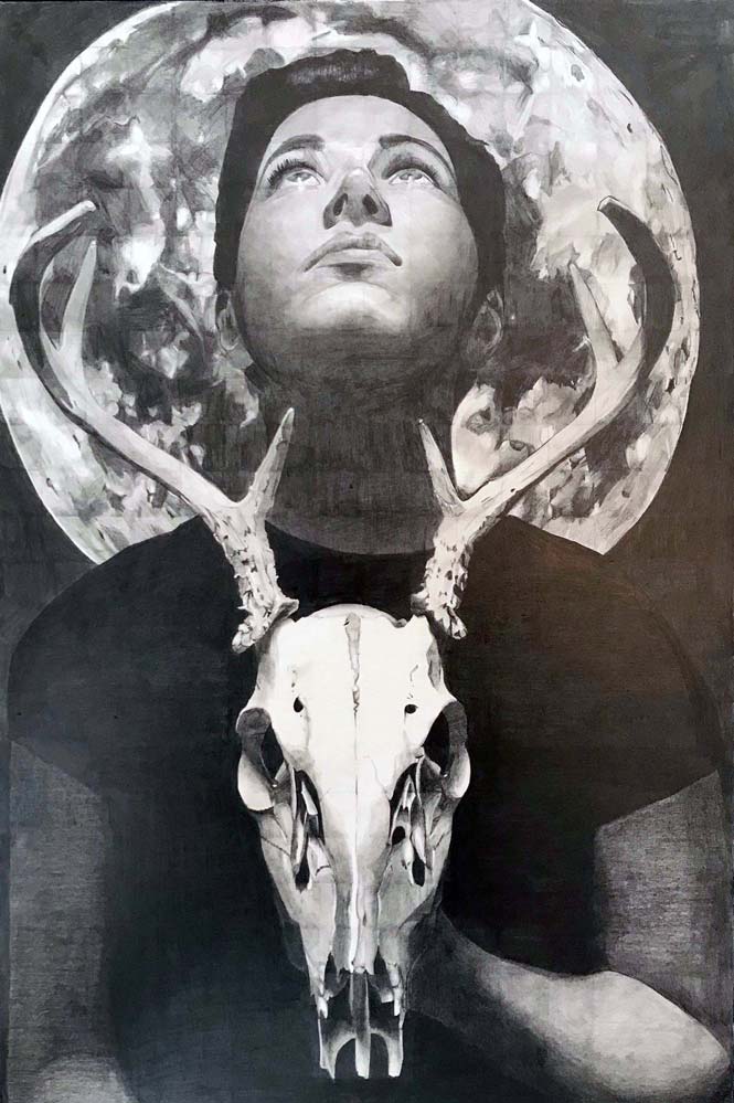 Girl holding a deer skull looking up at the moon