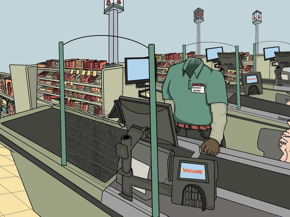 Image of a cashier inside a store but with no body, just the uniform shell with a name tag that says essential worker