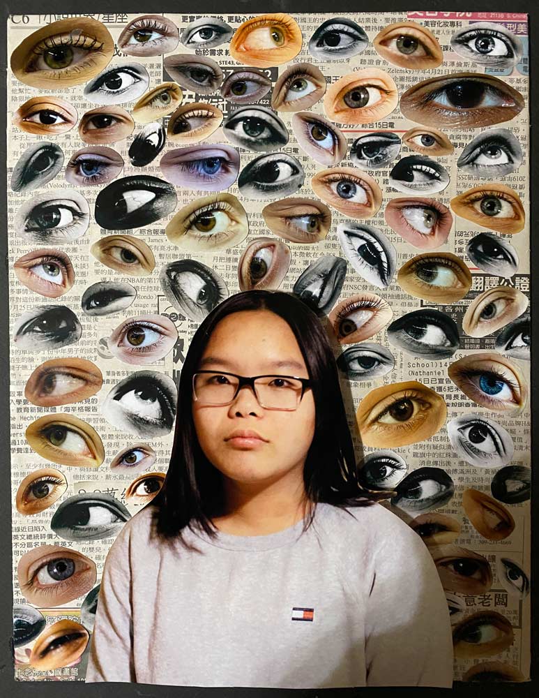 Young girl with Asian-language type in the background with various cut-outs of different eyes