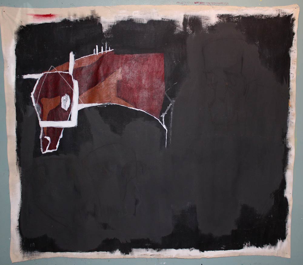 Black background with the head of a horse in abstract shapes poking out in the top left corner