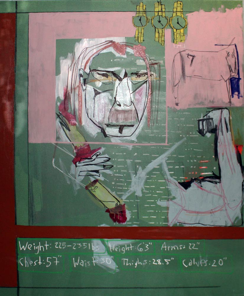 Abstract sketched piece with a woman's face, three gold watches, a horse, and various stats on a green chalkboard