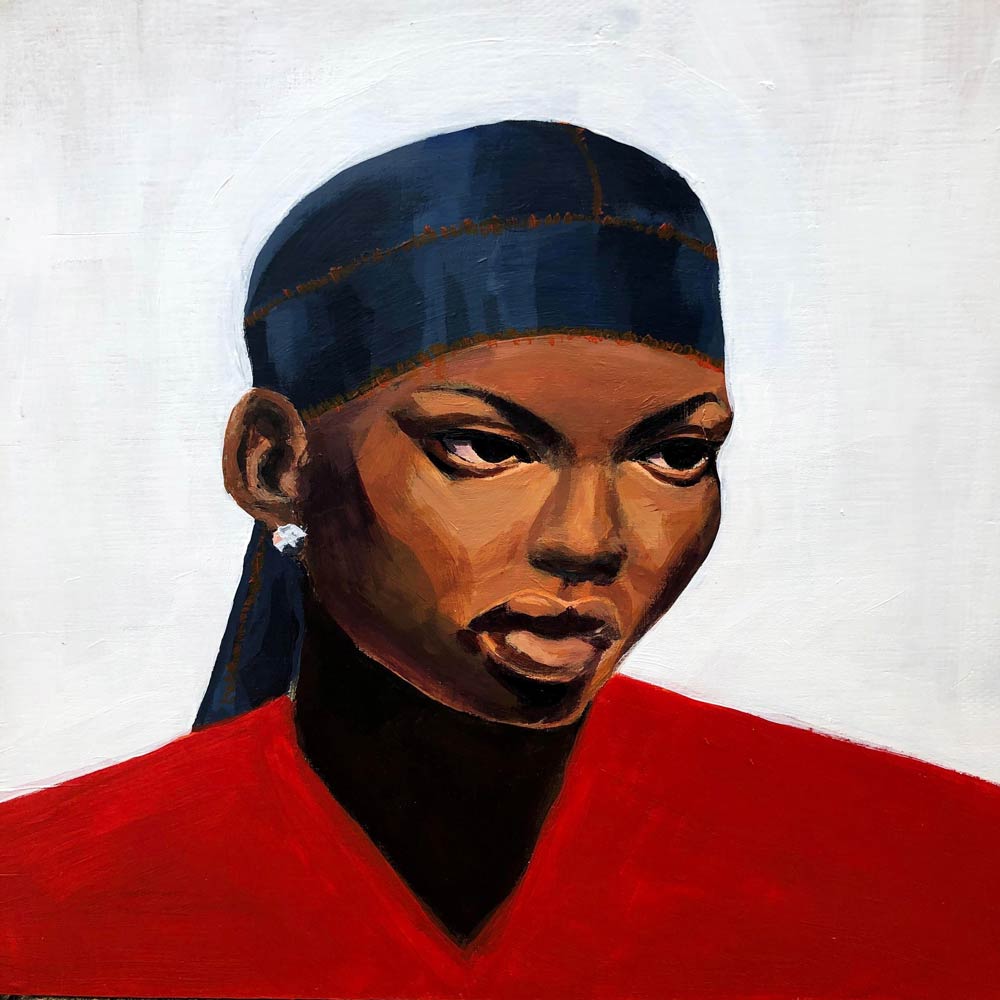 Young woman with a red shirt, silver earring, and a blue bandana covering her head