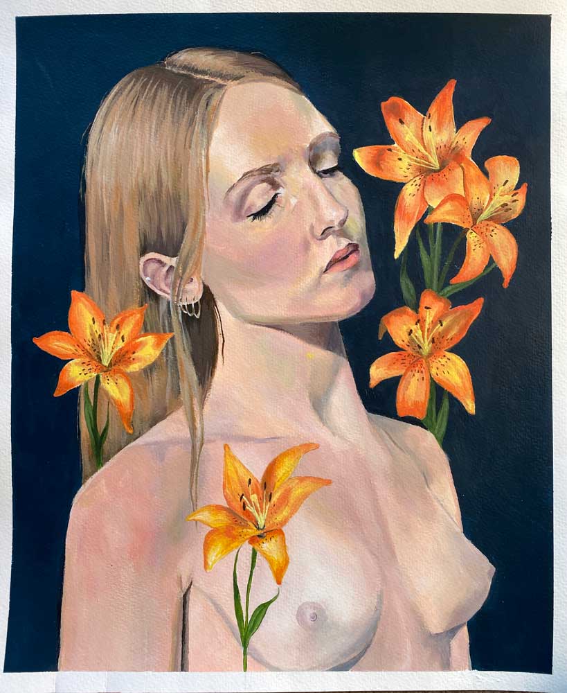Topless woman with her eyes closed surrounded by yellow flowers