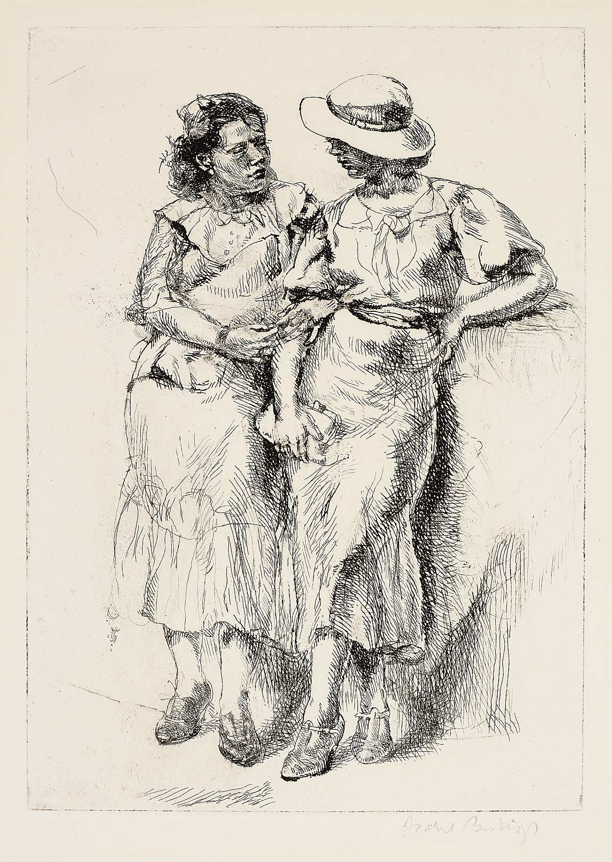 Sketch of two women linking arms and looking at each other