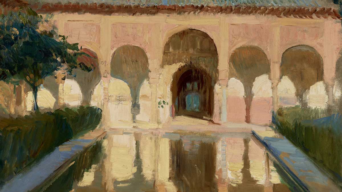 Painting of a building in Spain with Islamic architectural influences