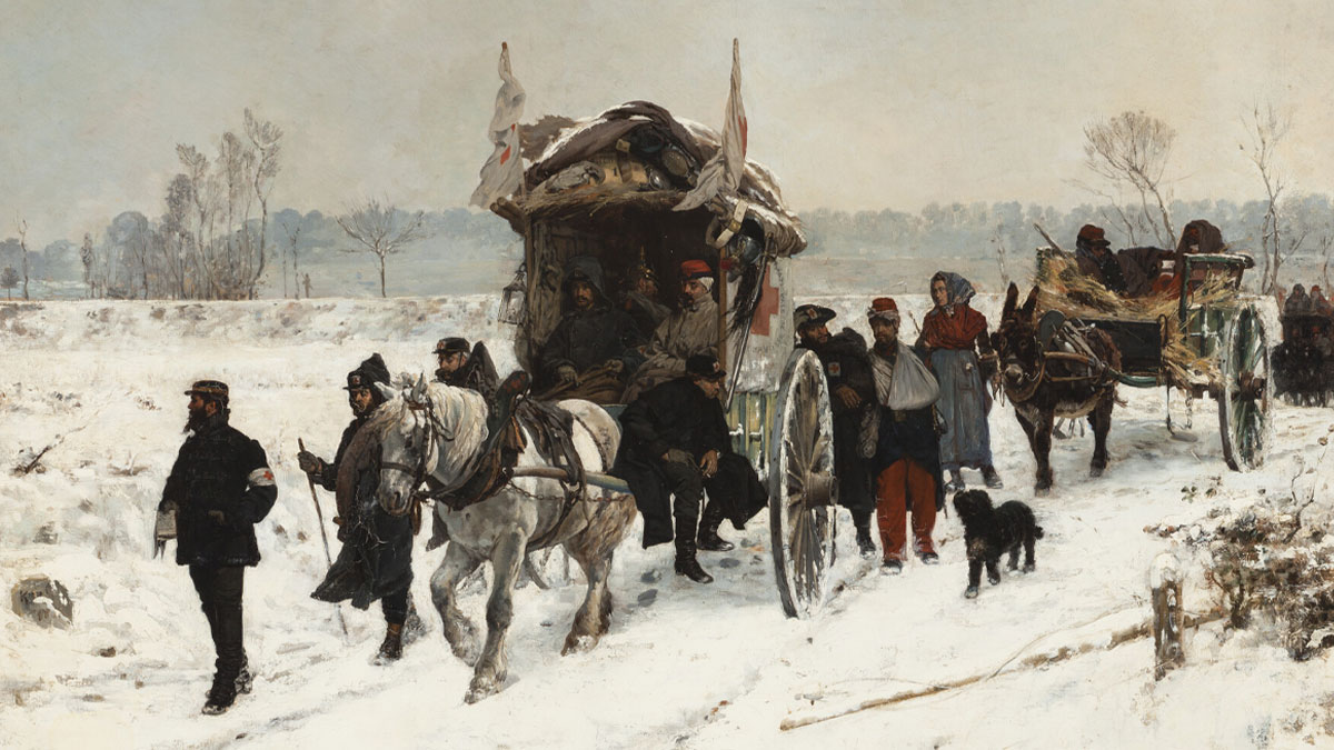 Group traveling through the snow by foot or horse and carriage