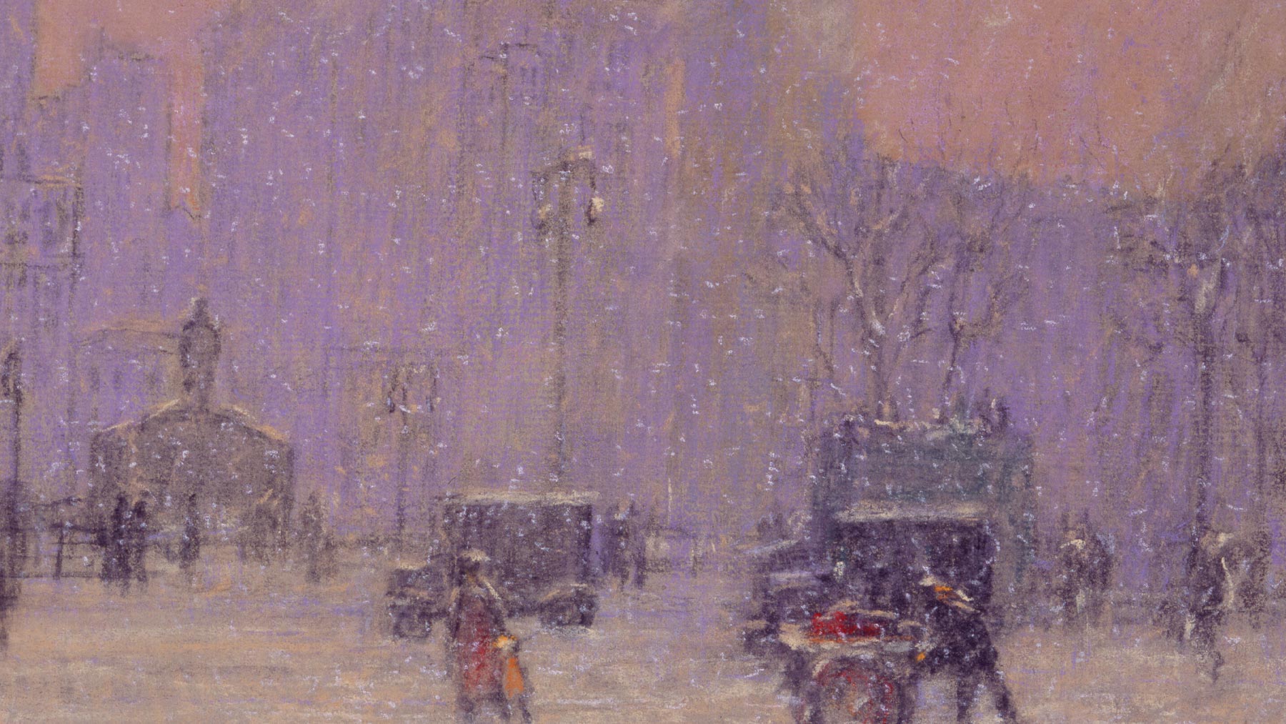 Pastel print of Madison Square, New York during a snowy day
