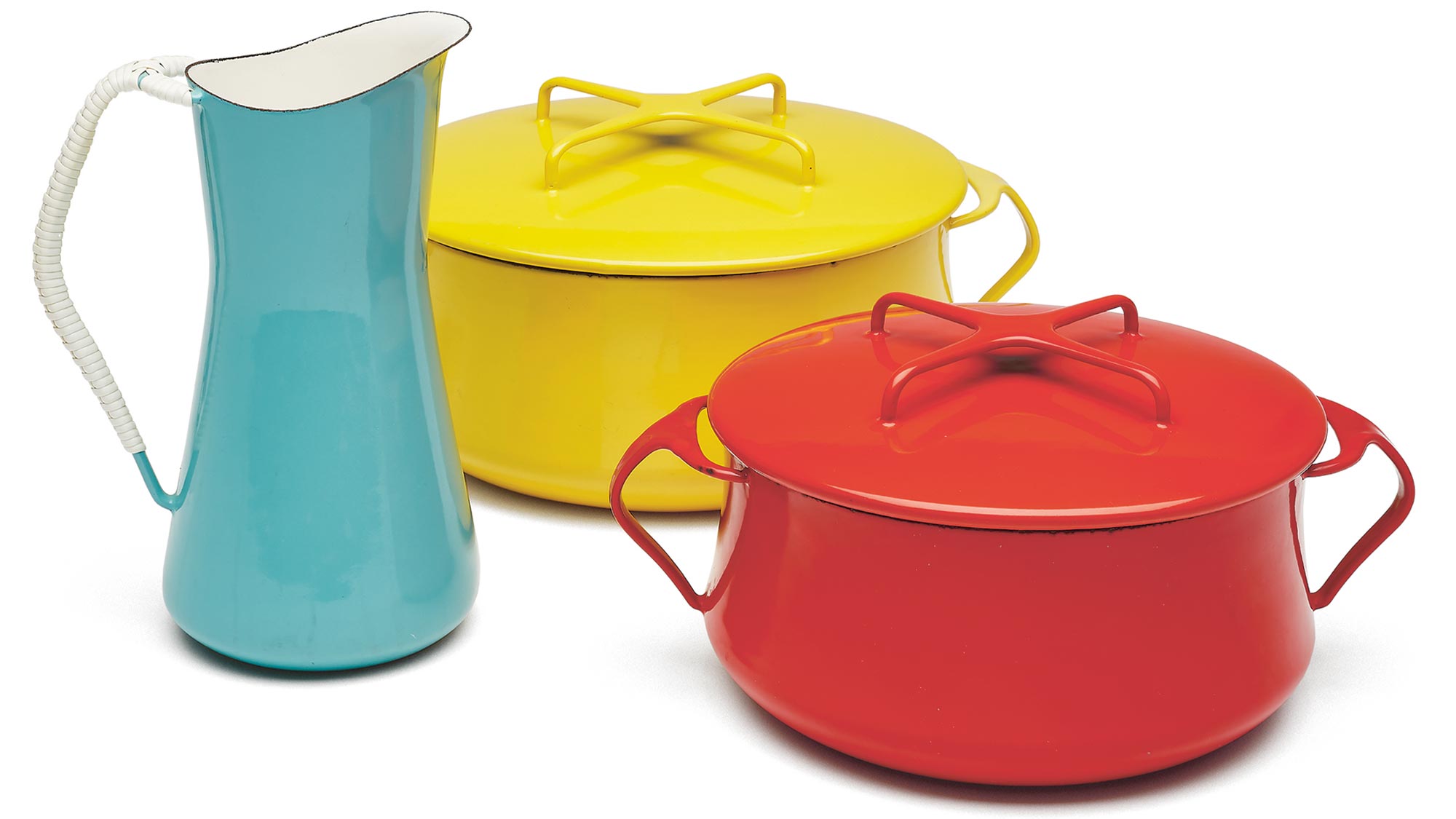 Red and yellow casserole dishes and blue pitcher