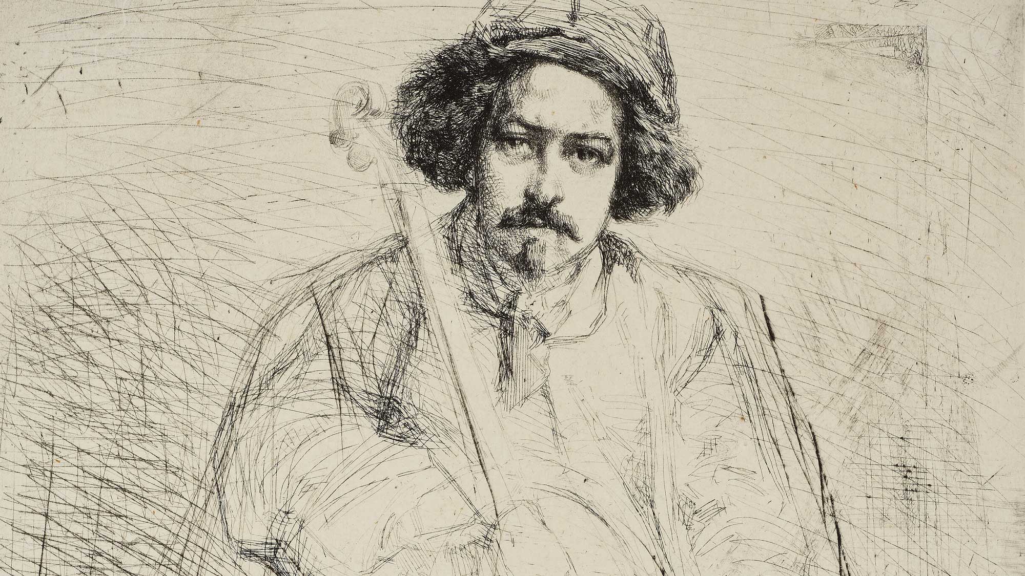 Black and white sketch of a man with a fiddle