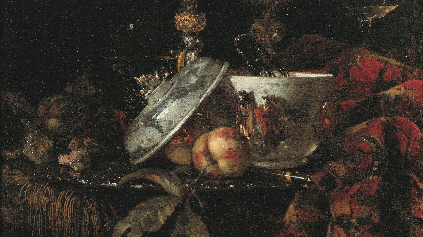 Still life painting of a peach and a sugar bowl