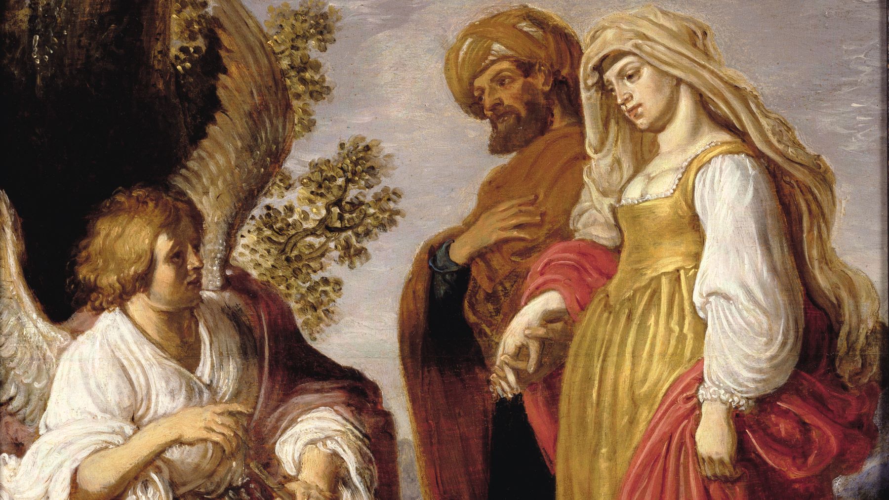 Painting of Monoah and his wife talking to an angel