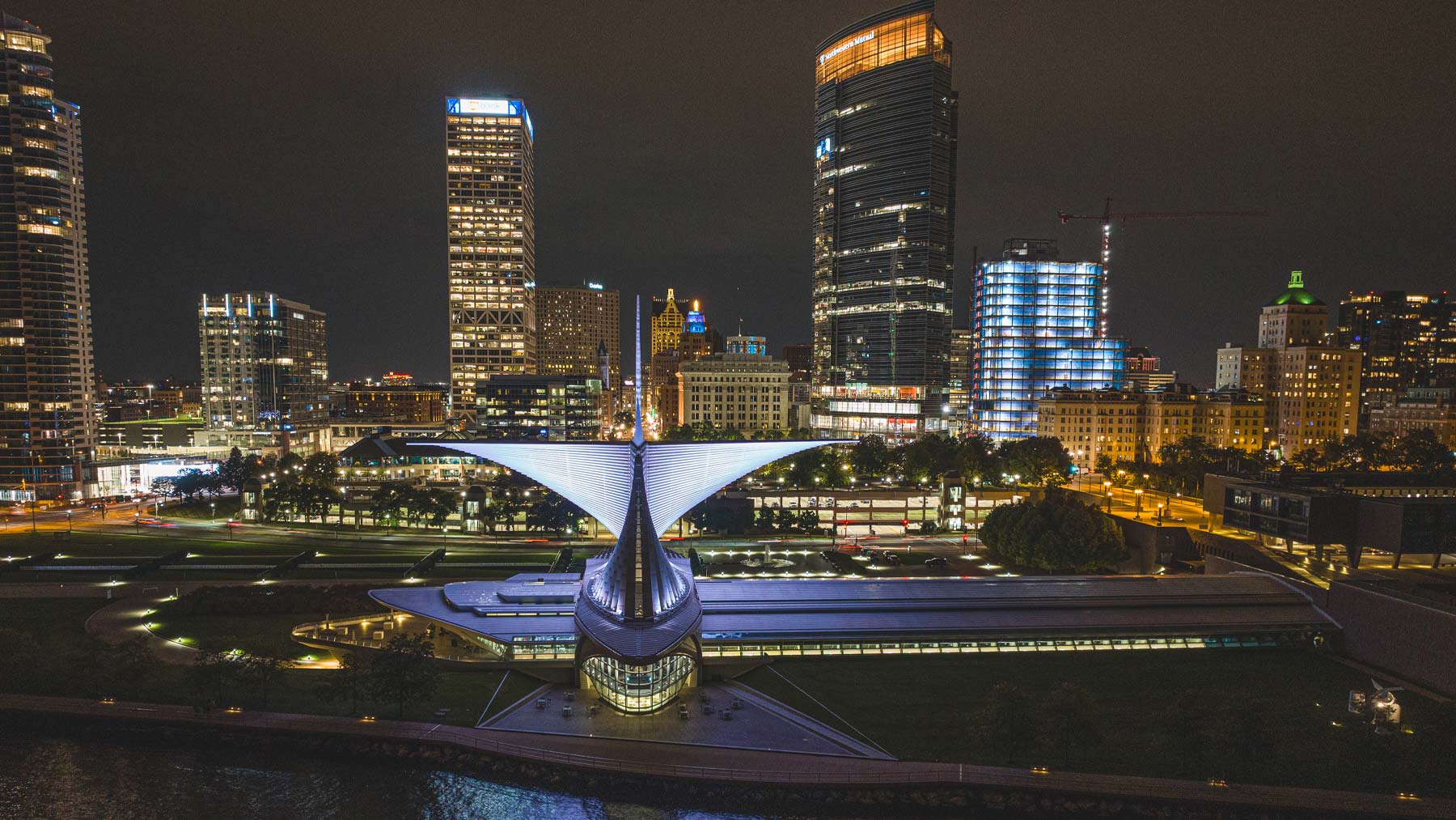 Aerial view of downtown Milwaukee at night