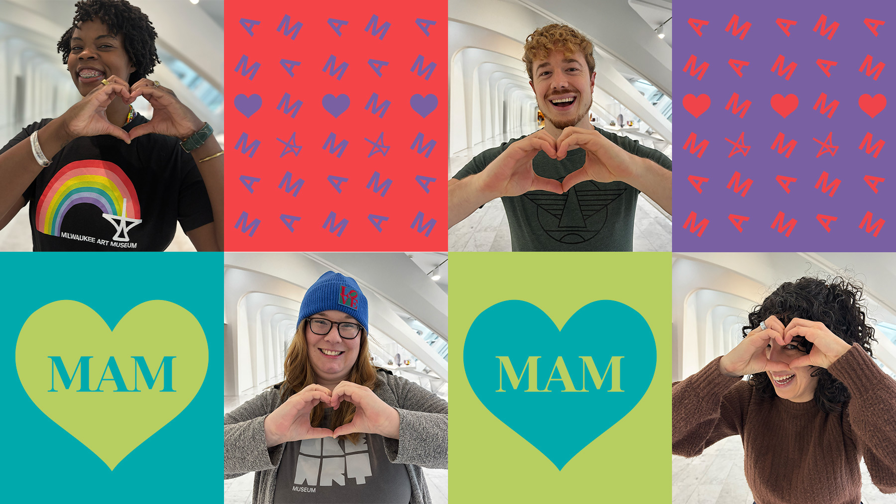 Collage of heart icons and people making a heart sign with their hands