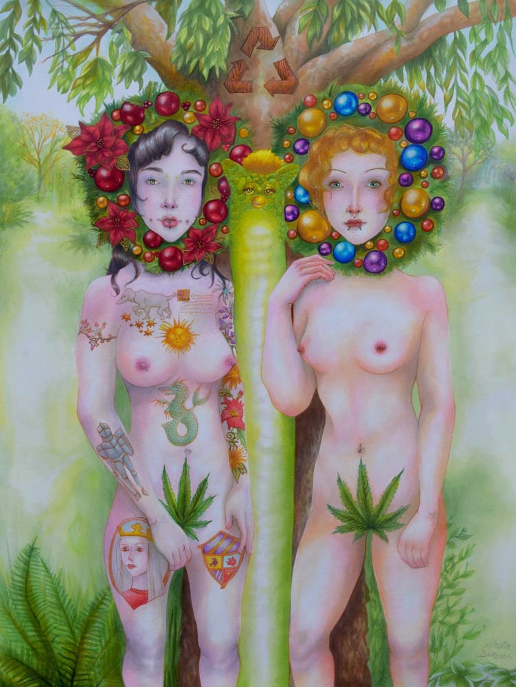 Two women standing naked in a garden with wreaths around their heads
