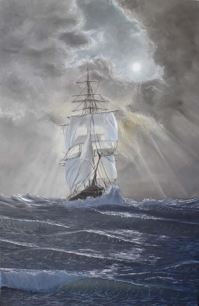 Boat sailing on the waves while the sun peaks through the clouds