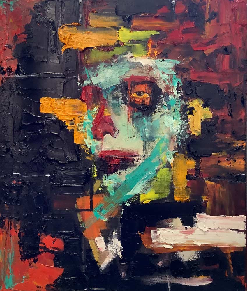 Abstract acrylic painting of a person from the shoulders up looking at the camera