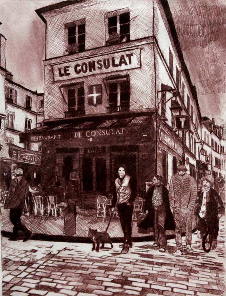 People walking along a brick path in front of a restaurant called le consulat (consulate)