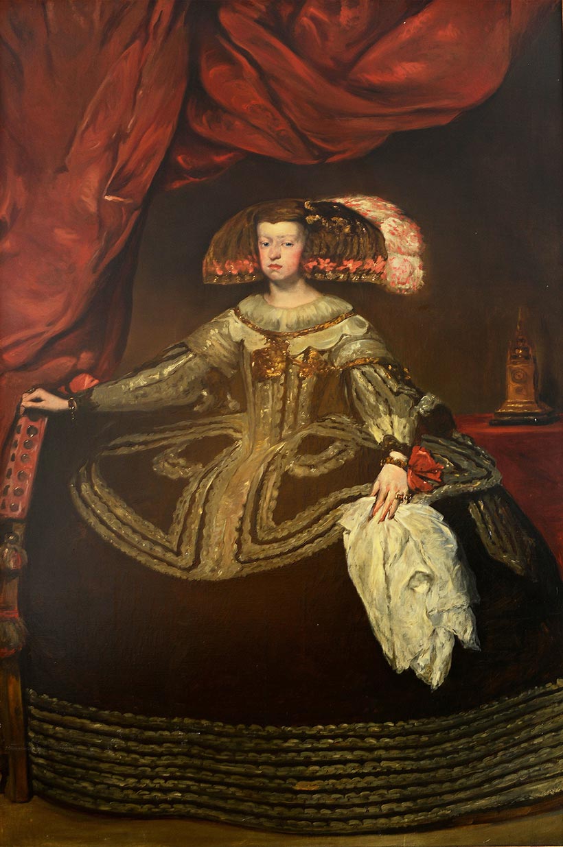 Painting of a woman in a dress with a very wide skirt and her hair up