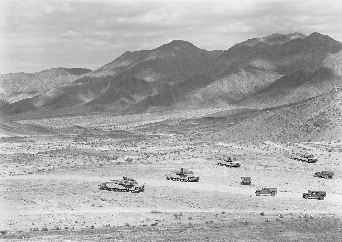 Tanks and military vehicles in the middle of the desert