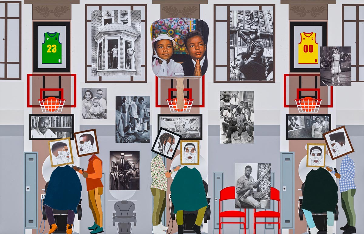 Collage of different people with cutouts of photographs and mixed-media portraits