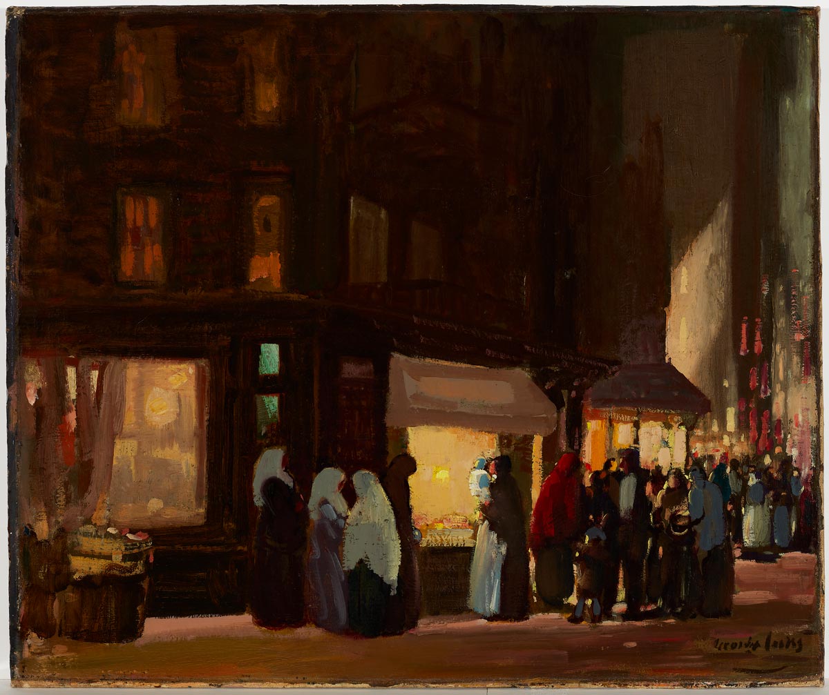 Painting of a small crowd window shopping downtown