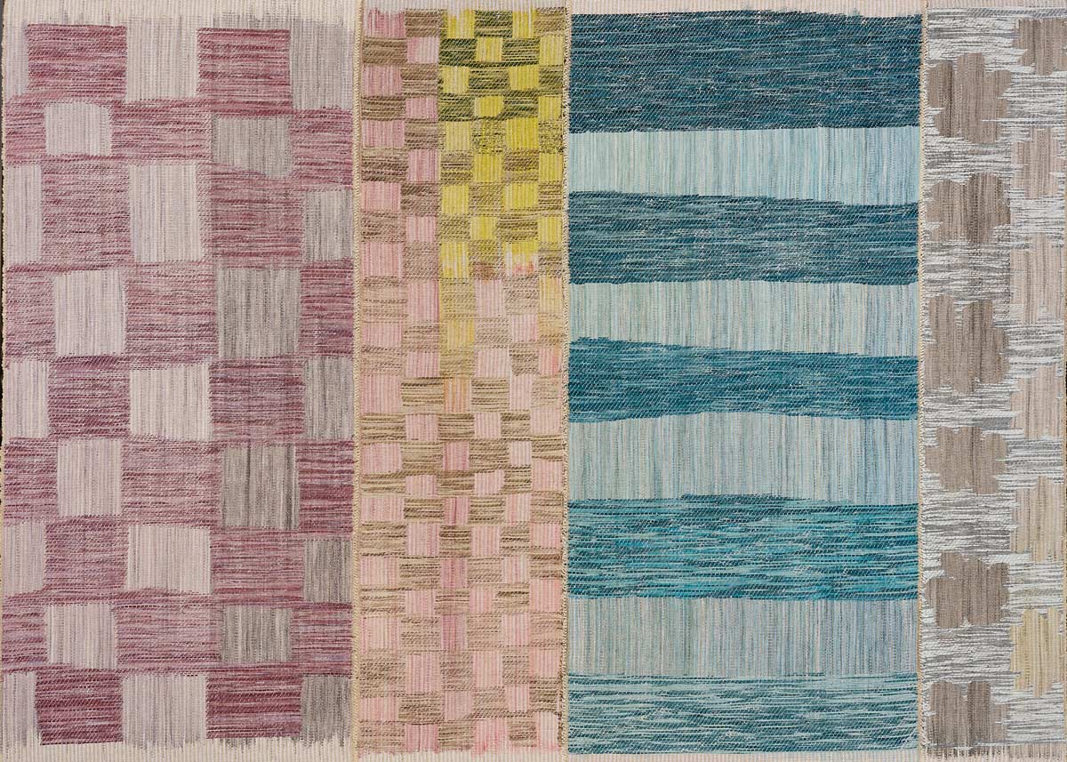 Woven art with four sections of different designs and colors