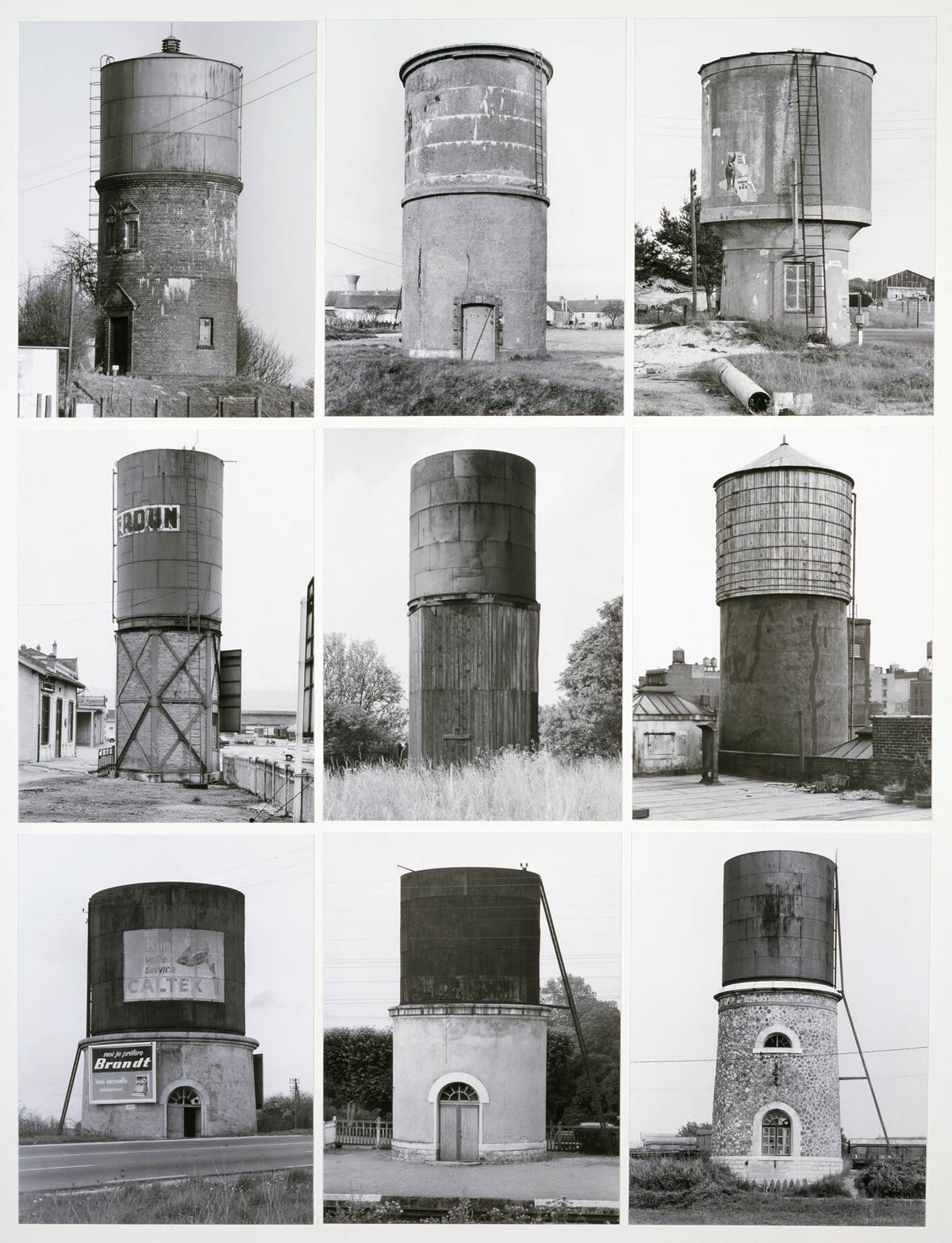 Collage of black and white photographs of watertowers